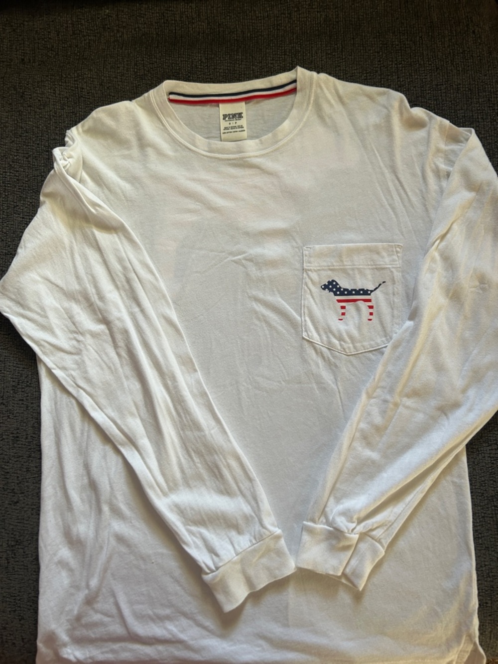White PINK Long-Sleeve Pocket Tee with Patriotic Dog Graphic